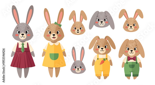 Adorable collection of cartoon bunnies in various outfits and expressions.