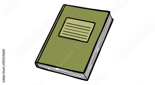 Simple illustration of a closed olive green school notebook with a label on the cover