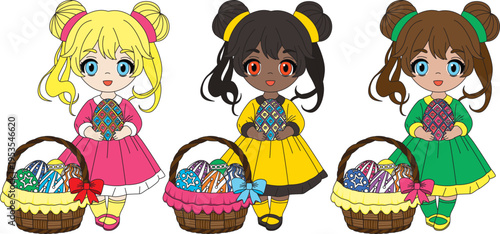 Set of 3 Chibi Character with Easter Egg and Basket Girl Fashion Clothes Holiday Vector