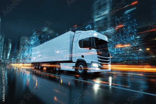 Nighttime city scene with a white truck driving through glowing streets in a busy urban setting