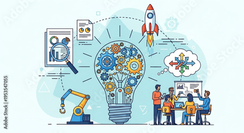 Innovation and Collaboration - A Lightbulb Moment of Teamwork and Technological Advancement.