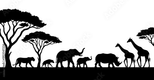  African safari animal silhouette panorama lion elephant rhino giraffe