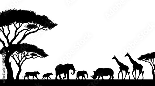 African animal silhouette panorama elephant giraffe rhino lion acacia