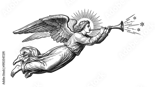 Christmas herald angel with wings blowing trumpet vintage engraving