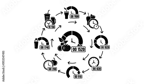 Intermittent fasting cycle infographic with food and clock icons in circular black vector style