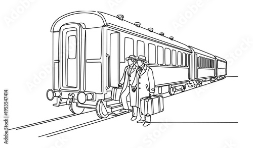 Continuous line art of couple with luggage getting on train travel