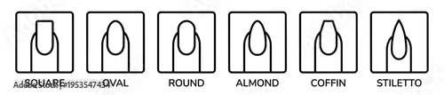 Manicure nail shapes icon set with almond coffin and stiletto line art