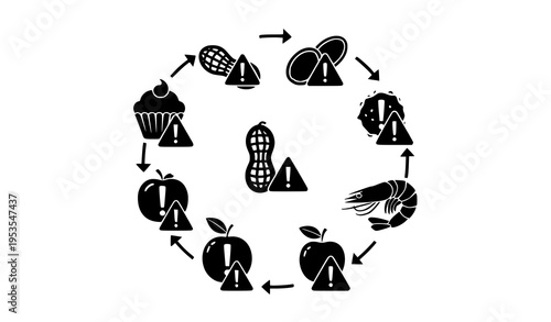 Food allergy awareness icons with warning symbols in circular black vector infographic design