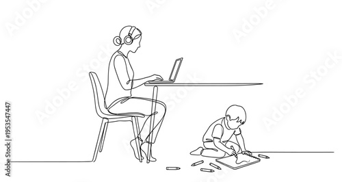Continuous line art of mother working on laptop with child on floor
