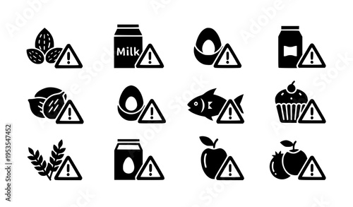 Food allergen warning icon set with gluten dairy nuts and fruit symbols in black vector design