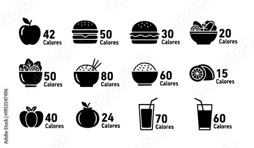 Food calorie icon set with nutrition numbers and minimal fitness tracking vector design
