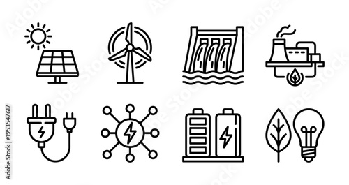 Renewable energy icon set with solar wind and hydro power line art