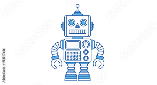 Charming retro style blue line art robot icon representing artificial intelligence technology development
