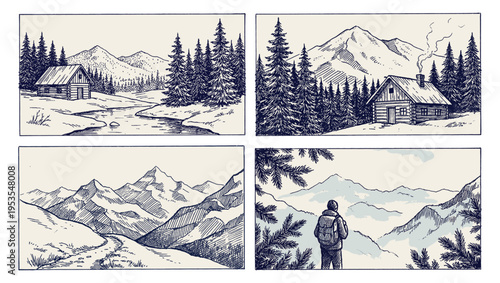 Mountain landscape set with hiker cabin peaks and pine forest engraving
