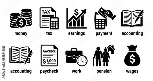 Business finance accounting icon set money tax payment wage pension