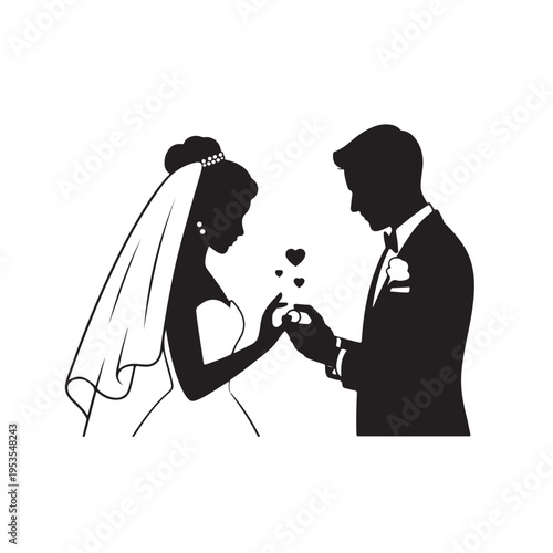 Black silhouette of bride and groom exchanging rings