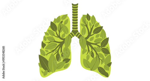 Conceptual illustration representing healthy human lungs formed entirely by interconnected green tree leaves and branches