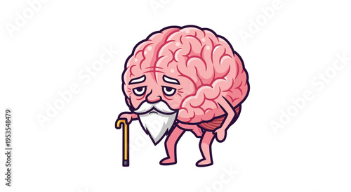 Aging brain cartoon character with a long white beard and a walking stick feeling tired.