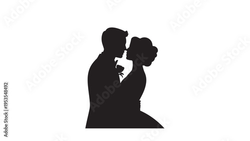 Black silhouette of bride and groom kissing