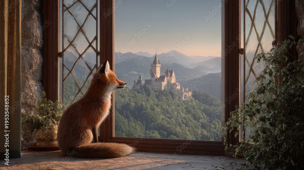 Obraz premium Fox sits by window looking at castle in distance during sunset in a mountain landscape