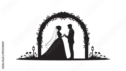 Black silhouette of couple exchanging rings under floral arch 1