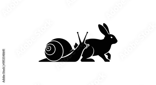 Black silhouette of a snail riding on the back of a rabbit, symbolizing speed and slowness.