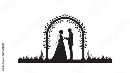 Black silhouette of couple exchanging rings under floral arch