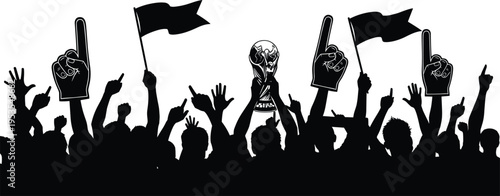 Football fans crowd silhouette with trophy, cheering supporters holding flags and foam fingers, championship celebration concept, sports event background, victory atmosphere vector illustration design