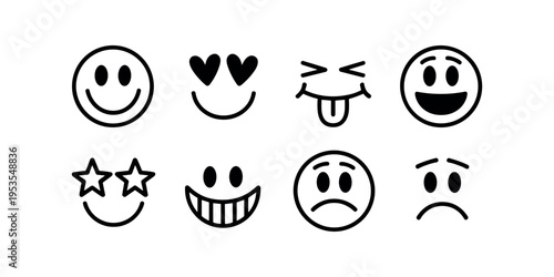Black and white emoticon faces with various expressions smiley in white background.