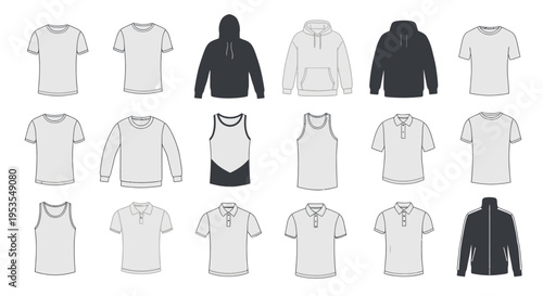 Minimalist Clothing Line Vector Illustration Set with Hoodies T-Shirts and Polo Shirts