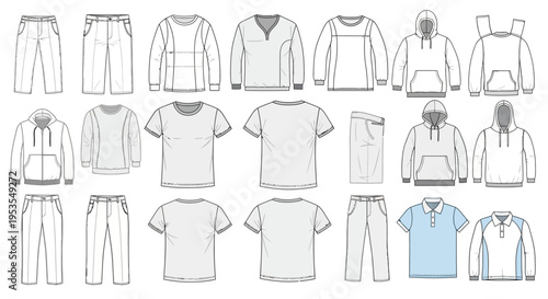 Men's Casual Clothing Apparel Technical Flats Vector Illustration Collection. T-shirts, Hoodies, Pants, Polo Shirts Design.