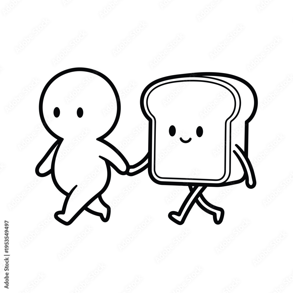 Obraz premium Cute Cartoon Characters Holding Hands Walking Together - Line Art