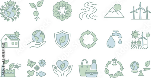 Collection of minimal line icons representing global environmental protection and sustainable living concepts