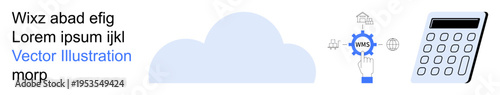 Cloud computing, automation, technology, data management, financial tools, digital services. A cloud, a gear labeled AWS and a calculator. Cloud computing and automation concepts visually