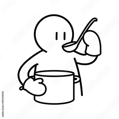 Cartoon character cooking with pot and ladle, kitchen glove