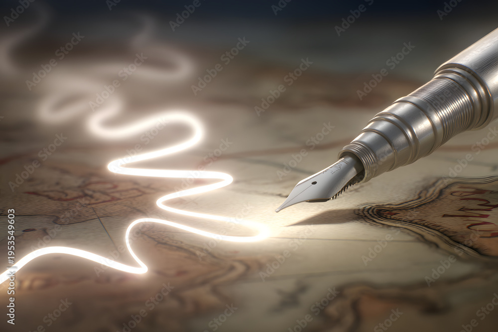 Fototapeta premium Fountain pen draws a glowing, wavy path on a vintage map, symbolizing journey, strategy, or creative direction.