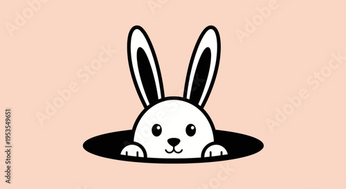 Cute white bunny peeking out of a dark hole with big ears.