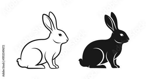Two stylized rabbit illustrations, one white outline and one solid black, facing right.