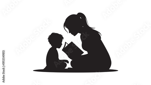 Black silhouette of mother reading to child book