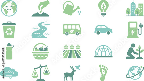 Collection of green icons representing environmental responsibility, sustainability, and nature conservation concepts.