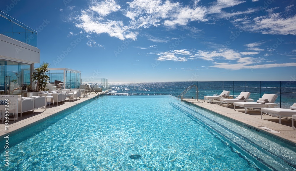 Fototapeta premium Luxury Infinity Pool Overlooking the Ocean on a Sunny Day.