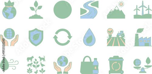 Collection of flat design icons representing environmental protection, sustainability, and ecological concepts clearly.
