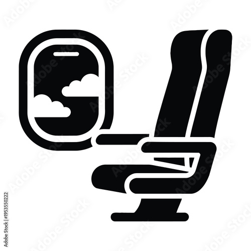 Airplane seat with window view of clouds in flight