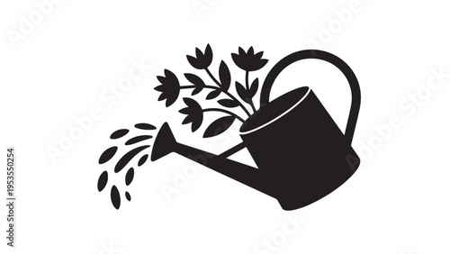 Black silhouette watering can pouring water on flowers