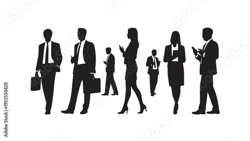Black silhouettes of business people walking with briefcases and devices