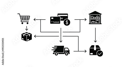 Visualizing the modern e-commerce shopping experience from purchase to final package delivery graphic design.