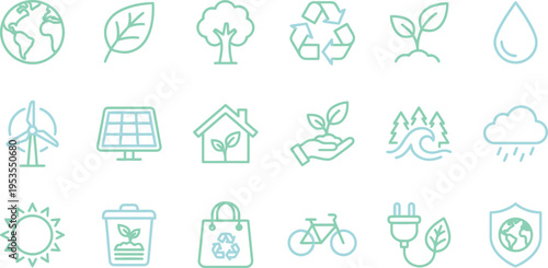 A comprehensive collection of green and blue line icons representing ecology, environmental protection, and sustainability.