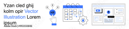 Human resources, workflow organization, task management, project planning, scheduling, automation setup. A hand pointing to an HR icon, a calendar and a dashboard. HR management and task management