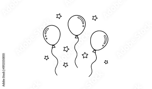 Balloons with Stars and Ribbons Black and White Vector Illustration for Celebration and Party