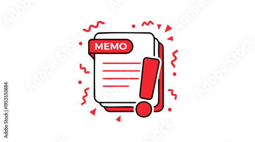 A red and white stylized icon depicting a memo document with text lines and a prominent red exclamation mark, surrounded by alert symbols.